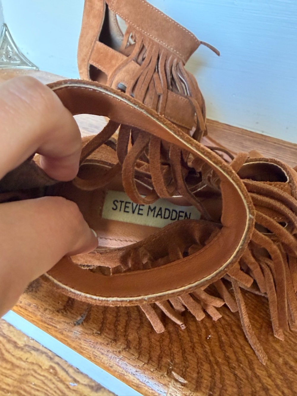 Steve Madden Brown Suede Fringe Wedge Sandals - Picture 4 of 5